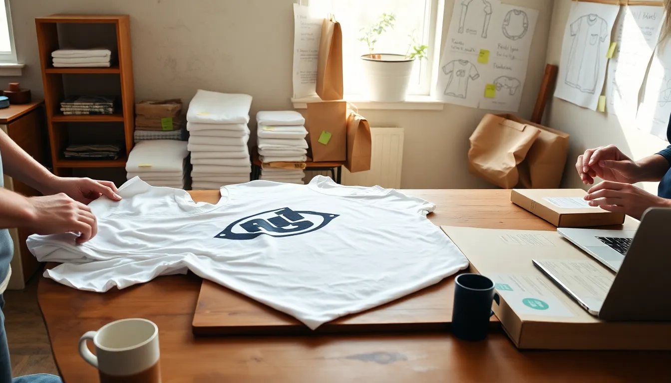 Left side of the image:
Someone is gently smoothing out a freshly printed white T-shirt laid flat on a wooden worktable. The shirt features an original, slightly quirky design, and the person seems to be inspecting the print.

Center (slightly in the background):
A small shelf holds neatly folded stacks of shirts. A few finished pieces hang nearby—each one with a different design: one simple, one playful, one clearly revised multiple times.
